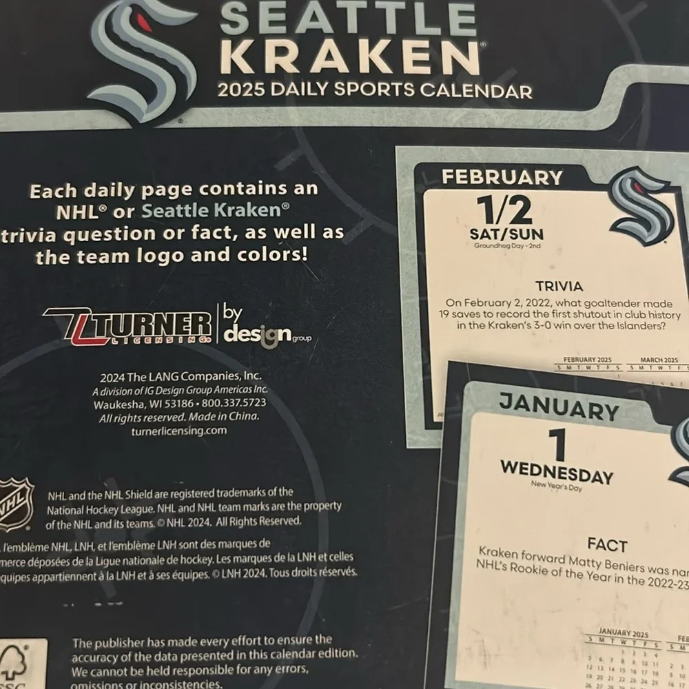 Seattle Kraken 2025 Boxed Daily Desk Calendar Trivia Facts NWOT